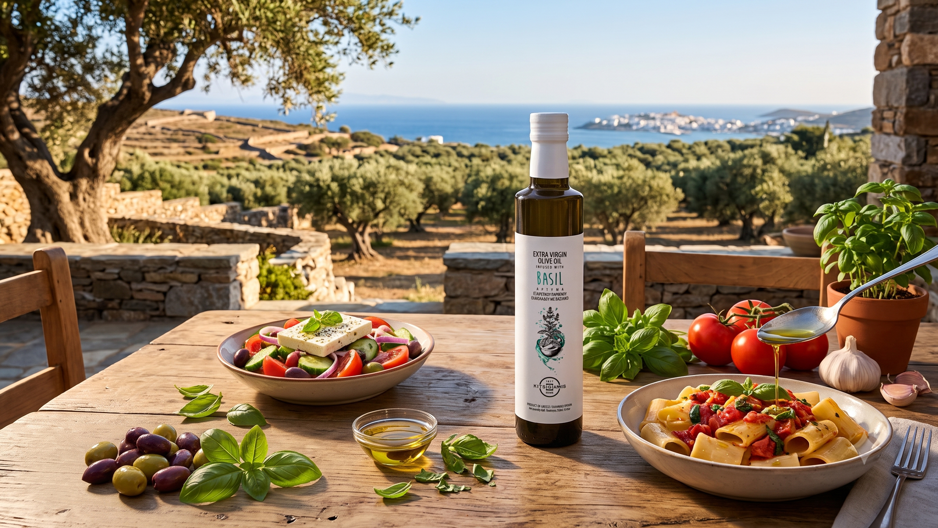 Άρτυμα ελαιόλαδου με βασιλικό σερβίρεται με ζυμαρικά και χωριάτικη σαλάτα σε ελαιώνα