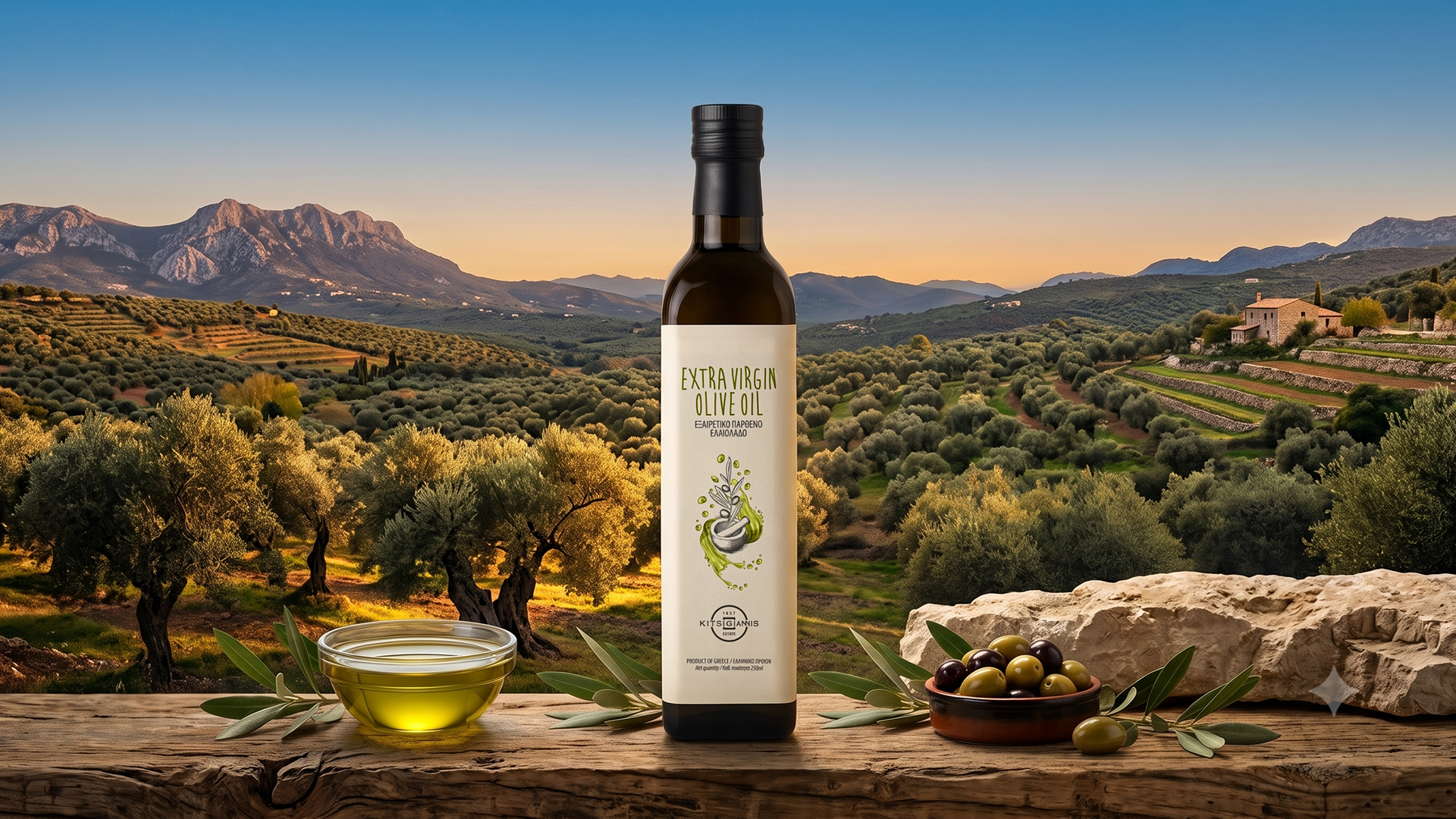 Φιάλη εξαιρετικού παρθένου ελαιόλαδου Kitsigiannis Estate με ελιές σε ελαιώνα της Μάνης