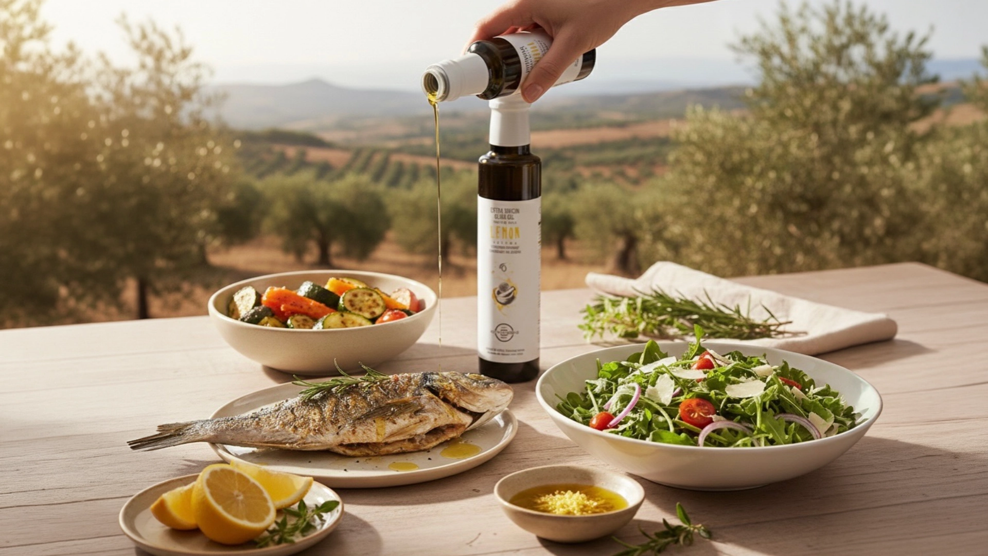 Άρτυμα ελαιόλαδου με λεμόνι σερβίρεται με ψάρι, σαλάτα και ψητά λαχανικά